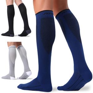 FITRELL 3 Pairs Compression Socks for Women and Men 20-30mmHg - Support for Travel, Running, Nurse, Knee High, Black/ Grey/ Navy L/ XL