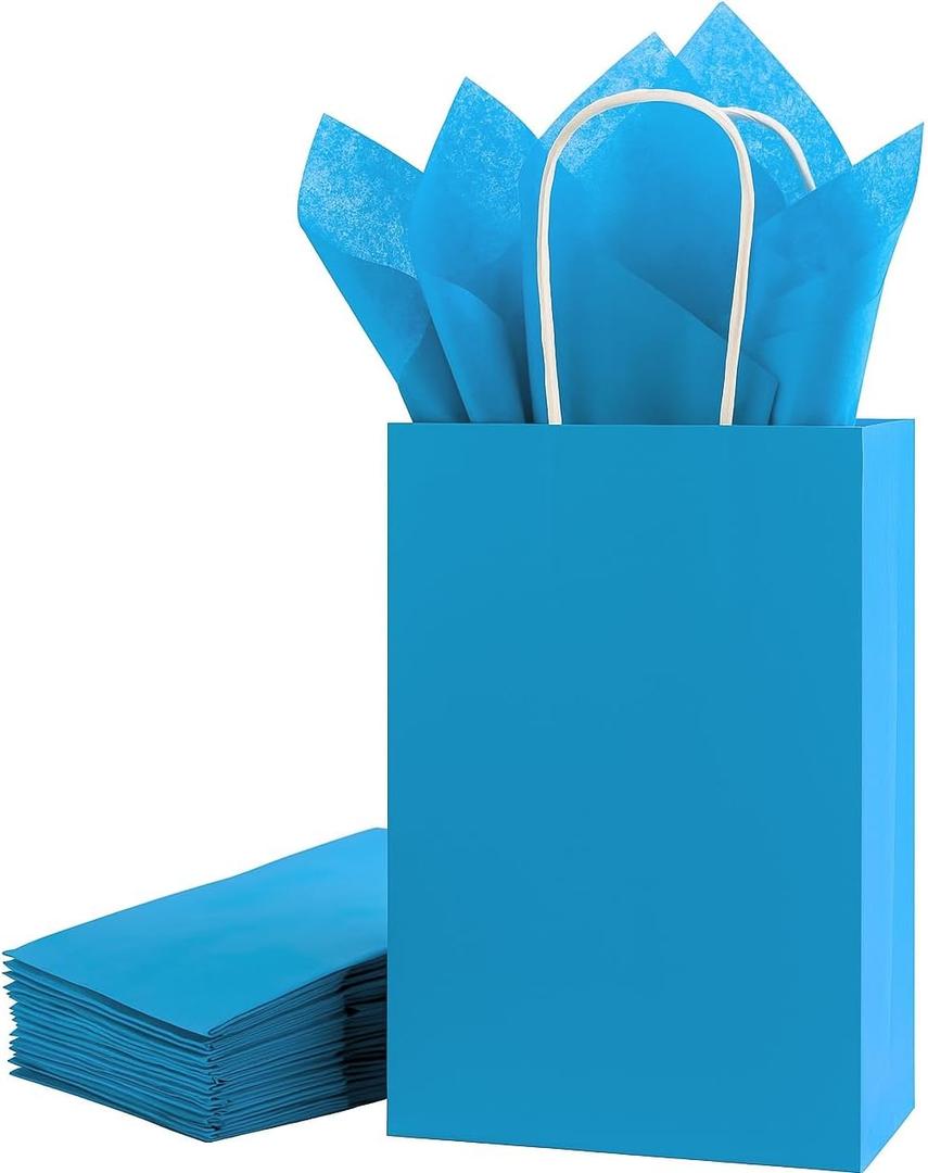 SUNCOLOR Blue Gift Bags with Tissue Paper, 24 Pack Small Kraft Paper Party Favor Bags, 7.9 x 5.12 x 3.15 Inches, Reinforced Handles for Baby Showers, Birthdays, Celebrations