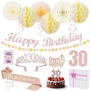 2 x 30th Birthday Decorations Set for Women - Queen Crown, Sash, Card, Cake Topper & Candles, Rose Gold Happy Banner with Paper Honeycomb, Poms Fan, Streamers, Gift Kit – 30 & Fabulous Party Supplies