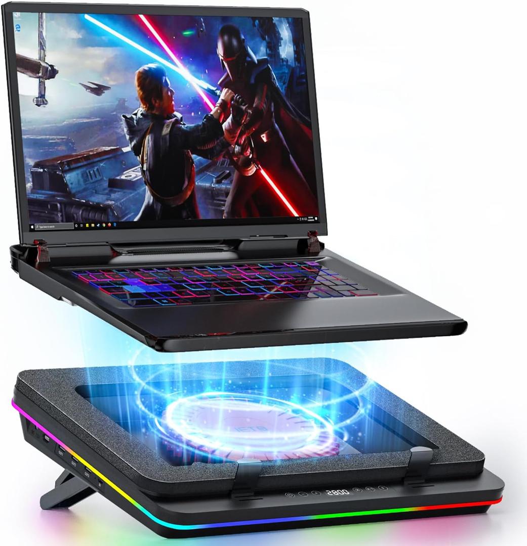 IETS GT600 RGB Laptop Cooling Pad Equipped with Gigantic Turbo-Fan5.5inch Diameter,Sealed Foam for Rapid Cooling Gaming Laptop,14.1-19.3 inch Laptop Cooler with 3-Port USB Hub,Dust Filter