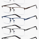 Blue Light Blocking Reading Glasses for Men, Half Frame Metal Readers Spring Hinge Eyeglasses Anti Eyestrain/Glare/UV +3.0