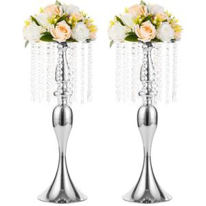 2 Pcs 21.3 inches Tall Crystal Metal Vase Wedding Road Lead Flower Holders Centerpiece Crystal Flower Chandelier Metal Flower Vase for Reception Tables Wedding Supplies (Silver)