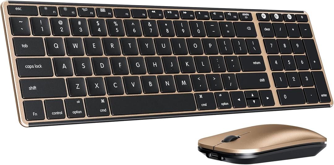 Wireless Bluetooth Keyboard and Mouse for Mac, Multi-Device Rechargeable Slim Keyboard and Mouse Stainless Steel Full Size, Compatible with MacBook Pro/Air, iPad, iMac - Black Gold