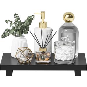 Kitchen Soap Tray Decor, Bamboo Pedestal Stand Risers for Display, Black Sink Tray for Kitchen Decor and Accessories, Soap Dish Holder Counter Tray 11.8" x 7" x 1.6"