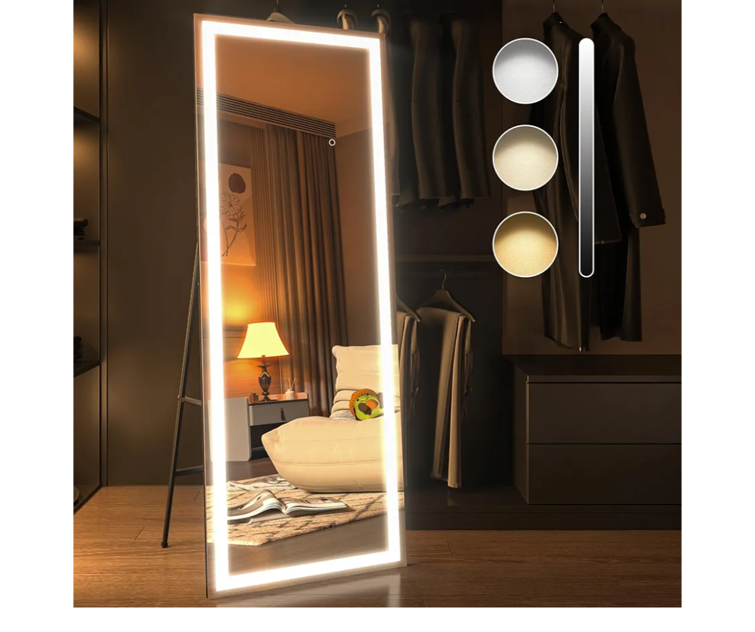 LED Full Length Mirror, 20x65 Inch Black Frame with Lighted Dimmable&3 Color Modes Full Body Floor Standing and Wall Mounted Long Mirror