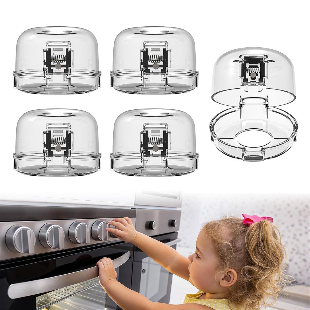 BBsecure Stove Knob Covers - 5 Pack Heat Resistant Gas Stove Knob Covers with Child Proof Lock & 3M Strong Adhesive, Oil-Proof Oven Knob Covers with Clear Transparent Design, Pet-Friendly (White)