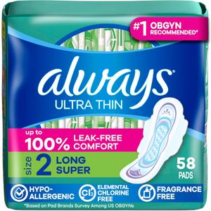 Always Ultra Thin Pads with Wings, Size 2, Long Super, 58 Count