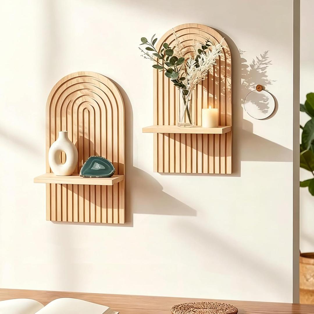 LIYAOLI Boho Wall Shelf Set of 2-15 x 8.6 Inch Arched Wooden Hanging Shelves for Living Room & Bedroom - Mid-Century Modern Bohemian Wall Decor (Natural Wood Finish)