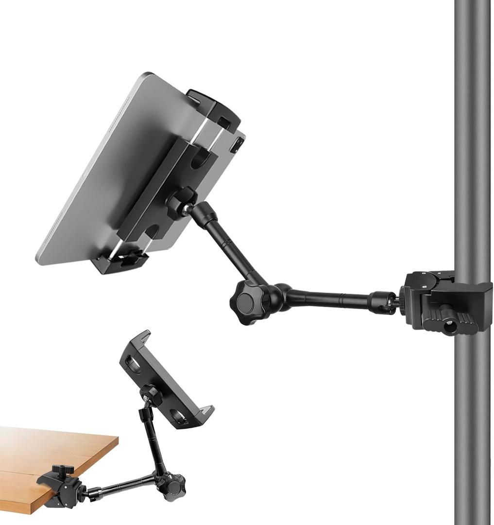 JCWINY Tablet Holder for Mic Stand, Adjustable iPad Mic Stand Mount, Tablet Holder with Clamp Mount for Pole Desk Kitchen Cabinet, Compatible with 4.7 to 12.9" iPad, iPhone, Android Smartphones
