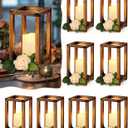 16 Pcs Lantern Wedding Centerpieces Includes 8 Rustic Wooden Wedding Lantern Centerpiece for Decorative Candle and 8 Flameless Lantern Candle Holder for Valentine Wedding Table Decor(Brown)