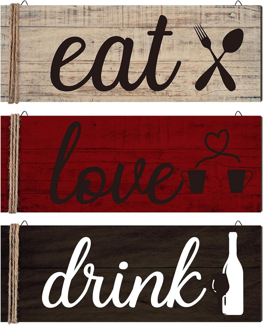 Jetec 3 Pcs Farmhouse Kitchen Wall Decor Rustic Wooden Home Eat Drink Love Sign with Hanging Hole for Home Dining Living Room Bar Cafe Decor(Retro Color)