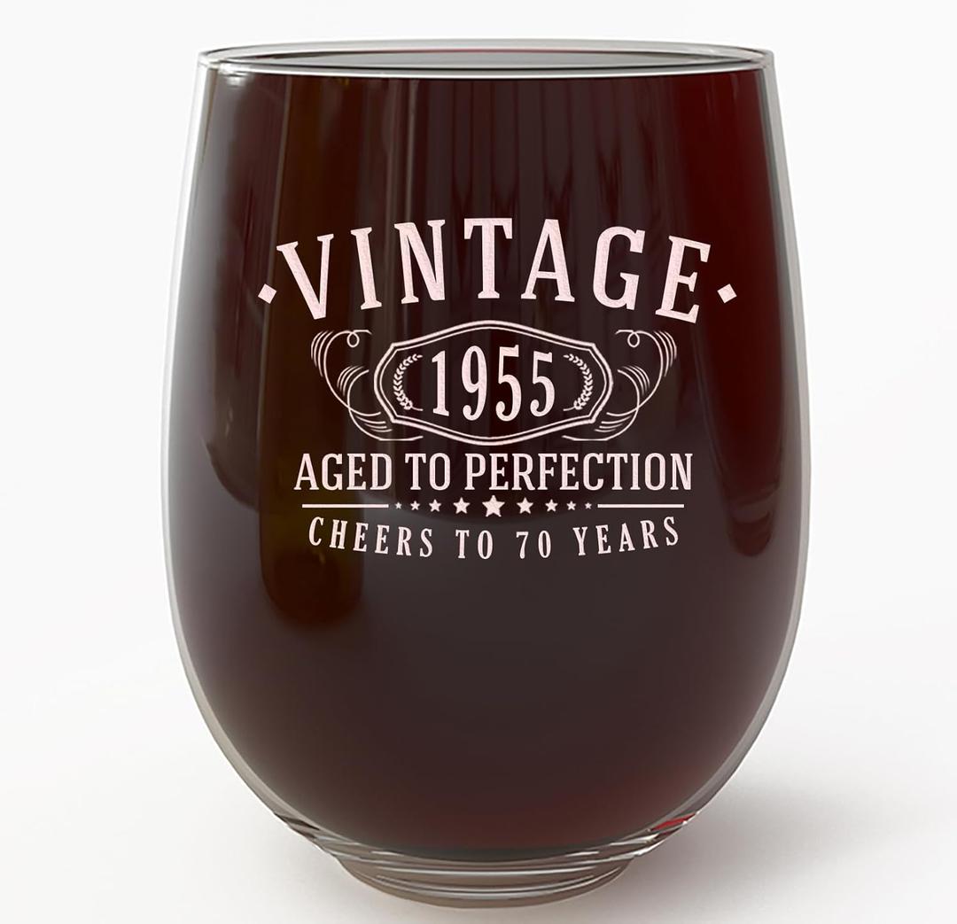 Vintage 1955 Etched 17oz Stemless Wine Glass  Happy 70th Birthday Gifts for Women Men, Cheers to Turning 70 Year Old Decorations Decor, 70th Bday Party Favors Supplies, Best Gift Ideas Her Woman 1.0