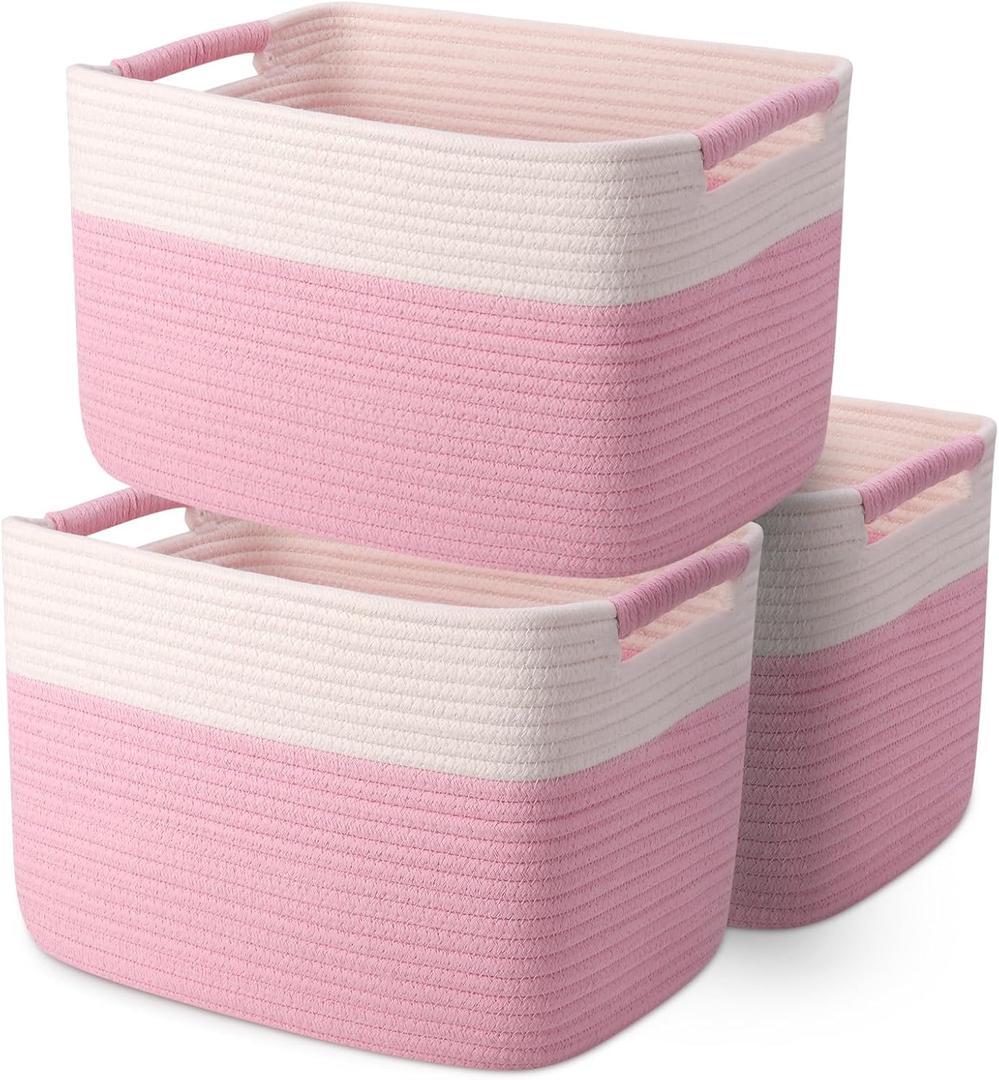 Woven Organizing Baskets, Pastel Toy Storage Bin, decoration Cotton Rope Basket for Nursery, ClosetBook ShelfSoft Storage Cube Organizer for KidsGirls - Pack of 3Pink