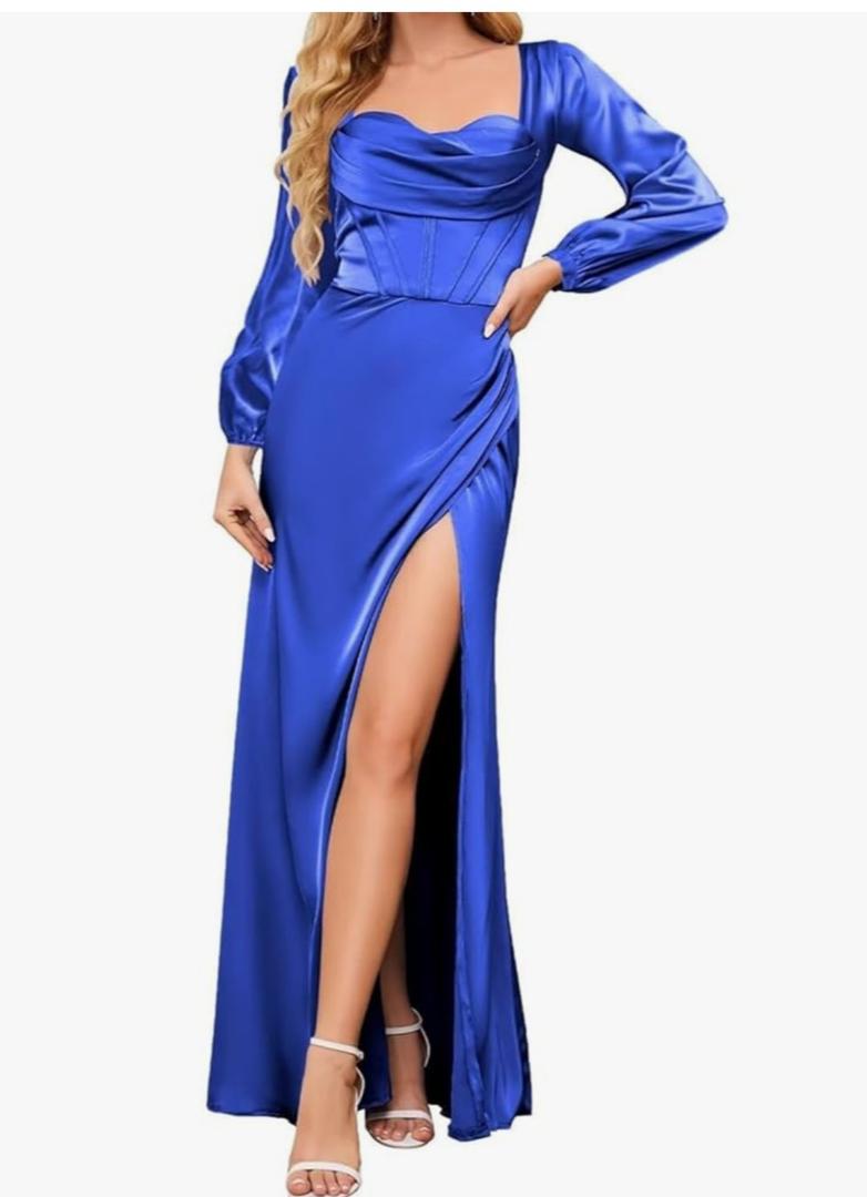 Women's Long Sleeve Bridesmaid Dresses with Slit Pleated Corset Satin Formal Evening Dress Size 12 Blue