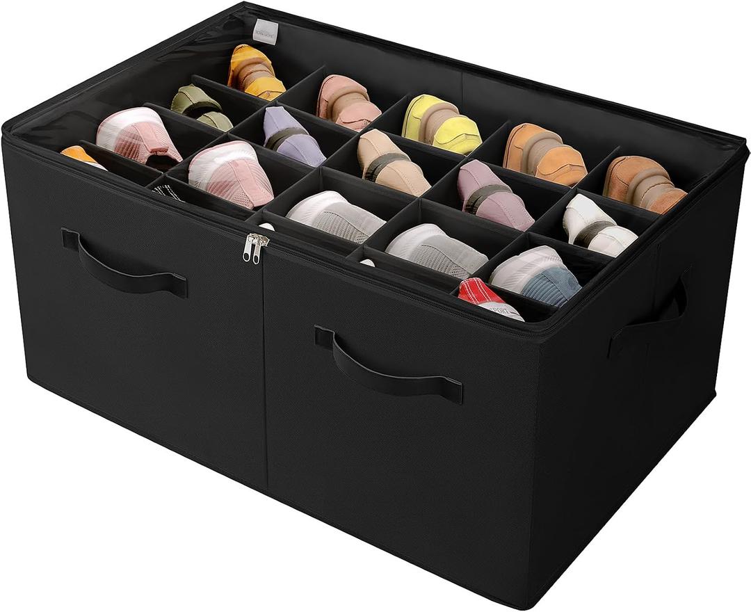 TOPIA HOME Shoe Organizer for Closet, Foldable Shoe Box with Adjustable Dividers and Clear Cover, Space Saving Shoe Storage Organizer Cabinet with Reinforced Handles, Fits 20 Pairs, Black, TP10B