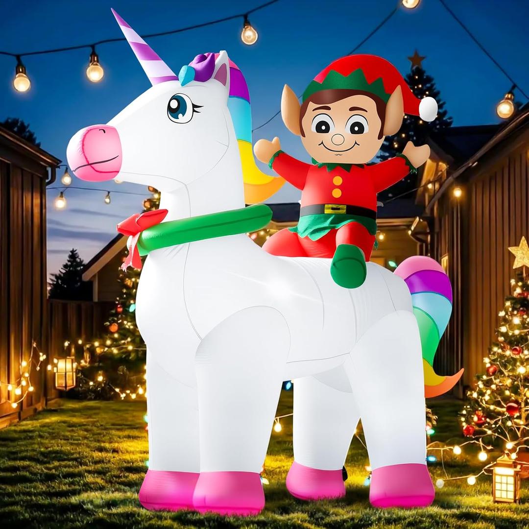 Christmas Inflatables Outdoor Decorations, 7.3FT Blow Up Yard Decorations Santa Elf Riding Unicorn with LED Lights for Lawn Garden Home Party Holiday Decor