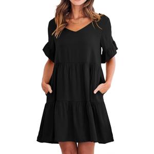 LOGENE Women's 2023 Summer Casual V Neck Tiered Ruffle Hem Babydoll Dress Short Sleeve Pocket A-Line Flowy Mini Beach Dress Large