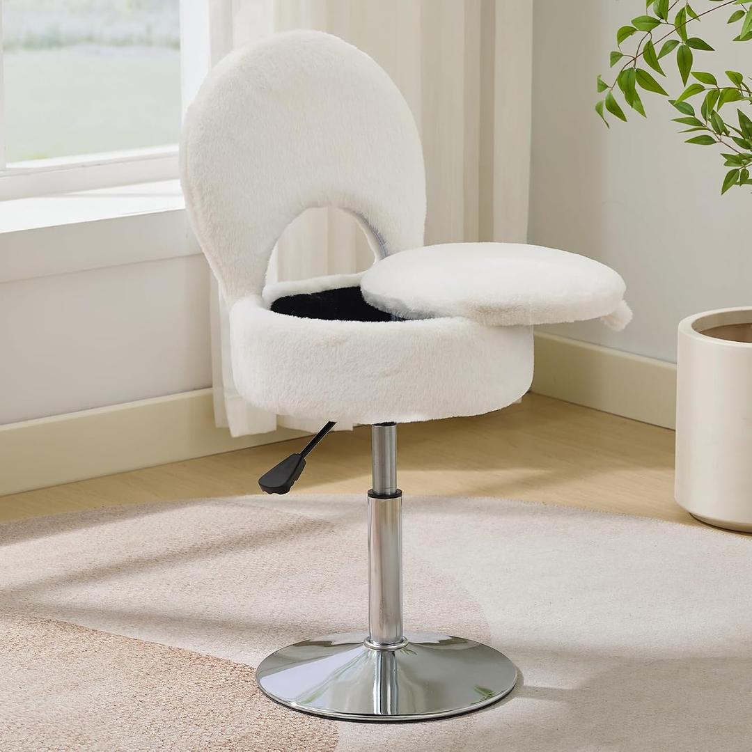Small White Vanity Stool Chair with Storage Ottoman Adjustable Vanity Chair with Folding Back, Makeup Ottoman Stool for Vanity Chrome Finish