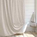 Siiluminisoy Boho Farmhouse Natural Shower Curtain Woven Fabric Shower Curtain, 72 x 72 Tufted Pleat Floral Puffs Textured Modern Farmhouse Minimalist Shower Curtain Set with Hooks for Bathroom