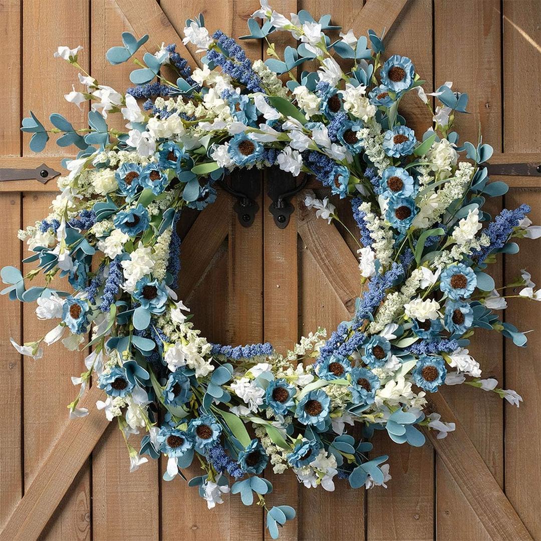 Bibelot 22 Inch Spring Wreath Blue with Green Leaves Wreaths Blue Daisy Artificial Grains White Flower Wreath for Front Door Wreaths,Farmhouse Decor Indoor&Outdoor Wedding Wall Home Decor