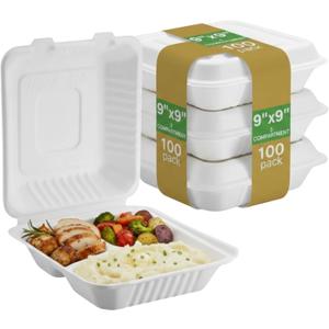Bagasse Hinged Food Containers PFAS-Free Eco-Friendly Biodegradable Clamshell Takeout Boxes, Compostable Disposable To-Go Containers for Hot & Cold Food (9" X 9" 3-Compartment) 100 Pack