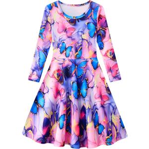 Funnycokid Girls Dress Size 4-13 Long Sleeve Kids Clothes (Butterfly Pink)