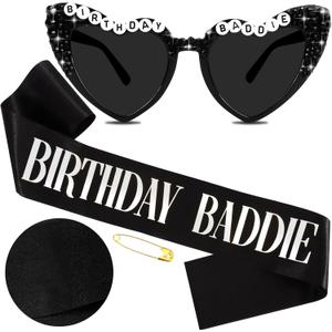 Birthday Baddie Sash and Sunglasses for Women, Black BIRTHDAY BADDIE Sash with Silver Foil for Girl, Happy Funny Birthday Decorations Baddie Accessories for Women Men Party Favors Supplies