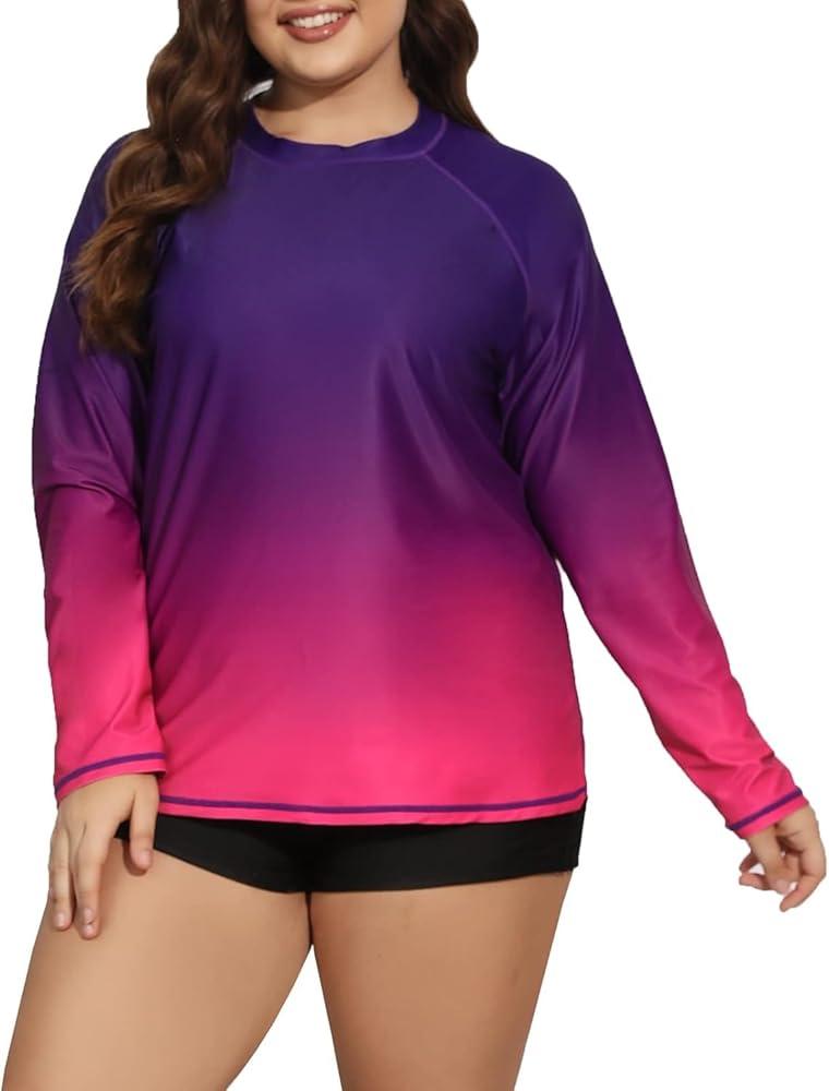 Halcurt Women Long Sleeve UPF 50+ Swimsuits Plus Size Two Piece Rashguard Purple 1X