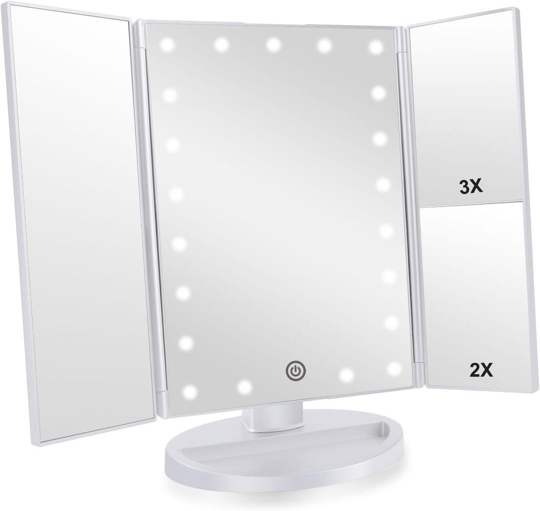 Trifold Makeup Mirror Vanity Mirror with Lights,1X 2X 3X Magnification,Touch Control,Adjustable Rotation,Dual Power Supply,Portable Travel Cosmetic Mirror,Birthday Gifts for Women,Teengirls (White)