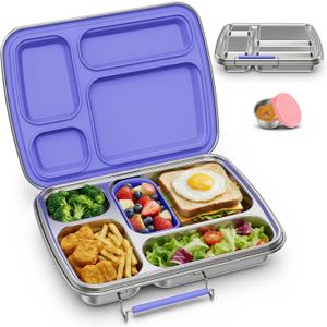 Stainless Steel Bento Lunch Box for Kids & Adults, 4 Compartment Kids Lunch Box, Metal Bento Box with Silicone Container and Stainless Steel Sauce Container,BPA-Free,School,Office(Purple)