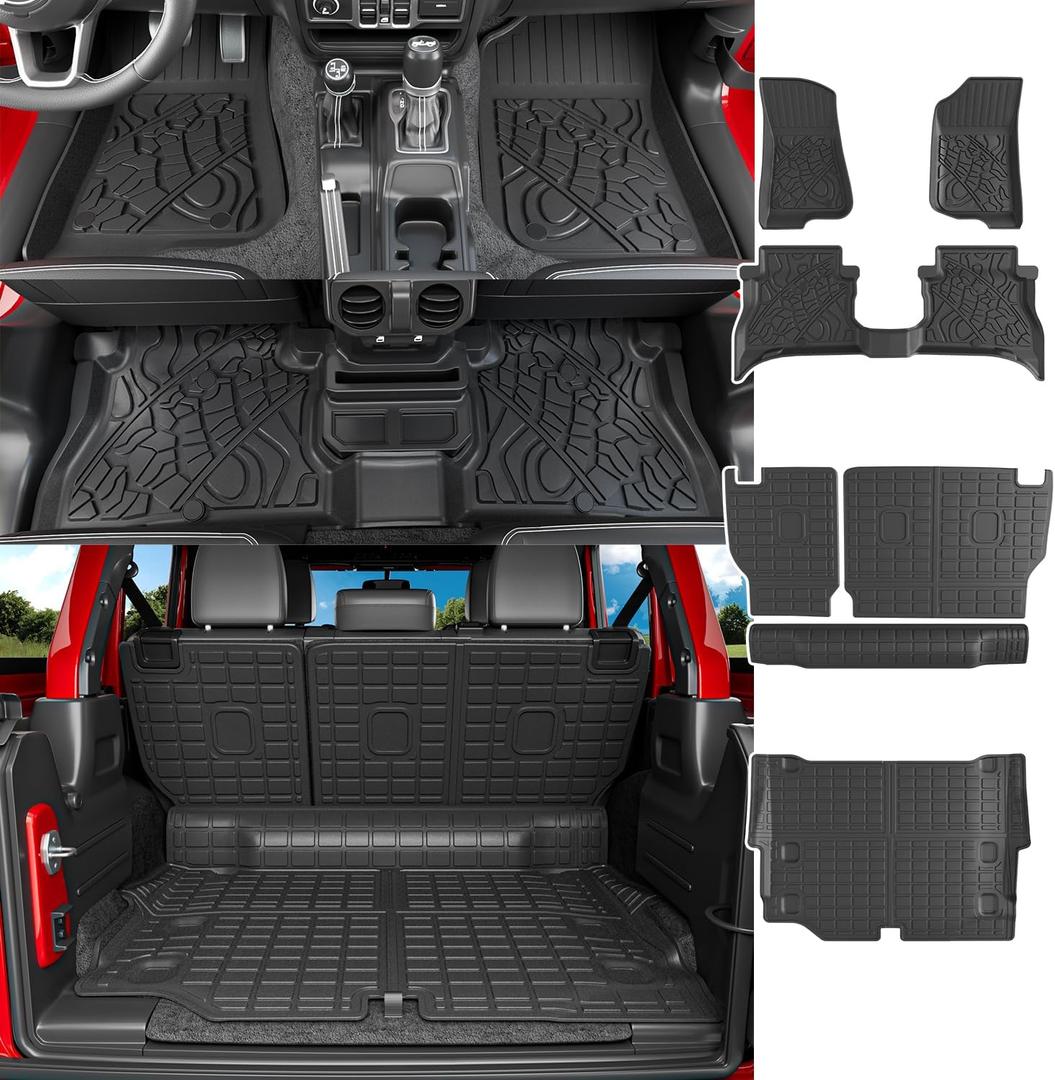 powoq Floor Mat Compatible with 2021-2025 Jeep Wrangler JL 4XE 4 Door Trunk Mat Backrest Mat TPE Replacement for 21-25 Jeep Wrangler JL Accessories (Fit 21-25 JL 4XE, Trunk Mat+Backrest Mat+Floor Mat)