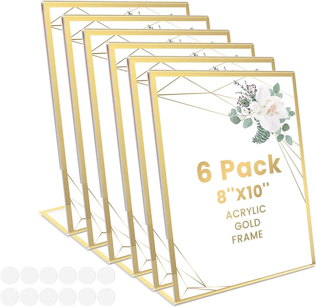 Acrylic Sign Holder 8 x10, Slanted Back Gold Picture Frames Flyer Holder Menu Holder for Wedding Table Numbers with Removable Sticky Dots6 Pack
