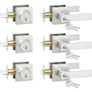 Exterior Door Lock Set with Deadbolt, Door Locks for Front Door with Single Cylinder Deadbolt Lock, Brushed Nickel Door Handle with Key for Front Door, 3 Pack (All Same Keyed Alike)