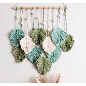 SnugLife Macrame Wall Hanging Leaves - Large Chic Feather Boho Decor, Handmade Yarn Woven Art Leaf Tapestry for Nursery, Bedroom, Living Room, 17 X 22 Inch (Green, Sage Green & Beige)