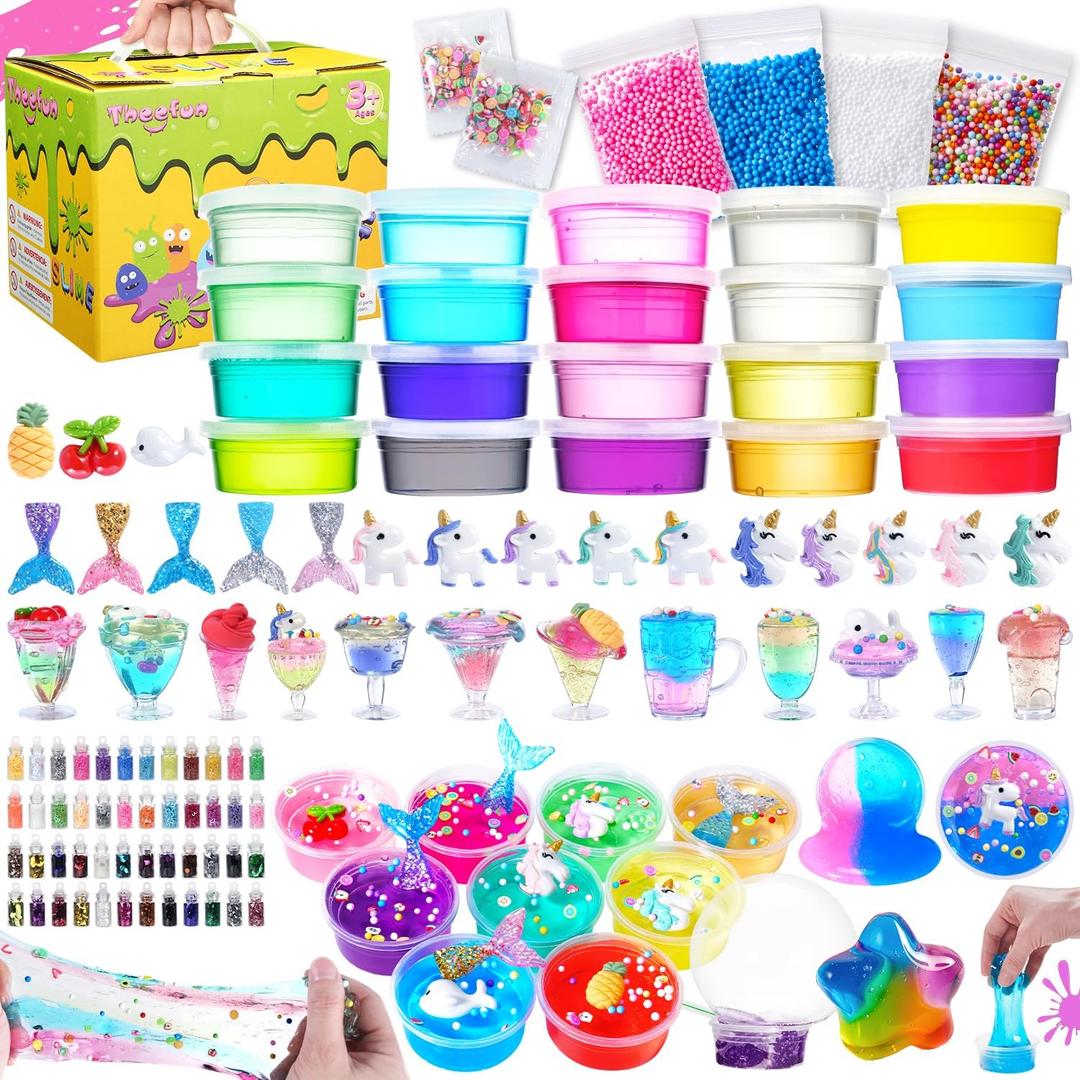 108 Pcs Slime Kit for Girls Boys, DIY Slime Making Supplies Include 20 Crystal Mud, 4 Clay, 48 Glitter Powder, Unicorn Charms, Birthday Party Favors Gift Toys for Kids 3-12