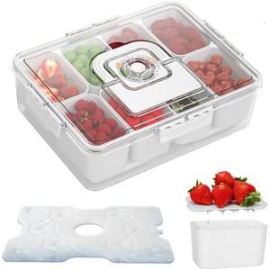 Snackle Box Container with Reusable Ice Pack, 8-Compartment Divided Serving Tray with Lid & Handle, Cooling Charcuterie Snack Box Organizer for Travel, Outdoor Parties, Beach & Picnic