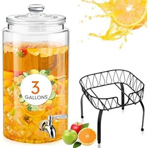 Honeydak 1 Pack 3 Gallon Glass Beverage Dispenser with Stand and Spigot Leakproof Glass Drink Beverage Storage for Parties Mason Jar Dispenser with Lids