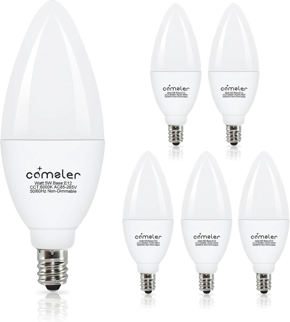 comzler E12 Ceiling Fan Light Bulbs, 5 Watt 60 Watt Equivalent LED Candelabra Bulbs, Cool Daylight 6000K Chandelier Light Bulbs, Candle Bulb Small Base for Chandelier, Non-Dimmable, 6 Pack