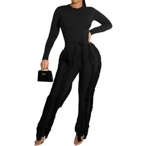 EDITCOZY Women Sexy Two Piece Outfits Fringe Pants Set Long Sleeve Club 2 Piece Going Out Birthday Party Night (Black, L)