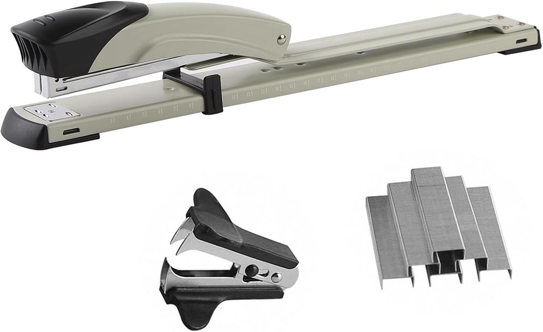 Long Reach Stapler,with 2000 Staples & Stapler Remover Full Strip20-25 Sheet Capacity,with Built-in Ruler and Adjustable Locking Paper Guide, Gray