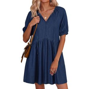 Dokotoo Denim Dress for Women Short Puff Sleeve V Neck Solid Babydoll Jean Dresses (Blue, M)
