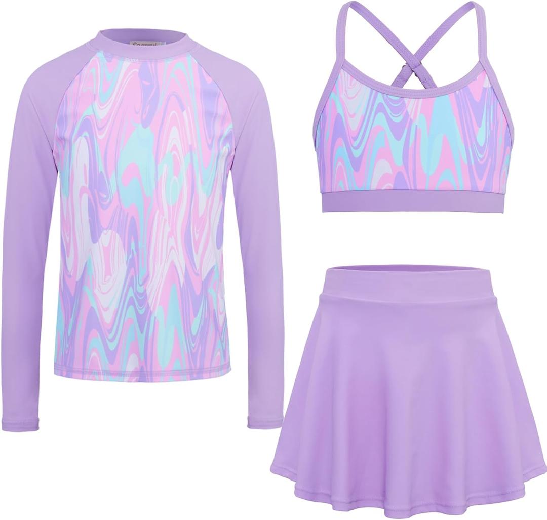 Girls Swimsuit Long Sleeve Swim Shirt 3 Piece Rash Guard for Girls Bathing Suit with Boyshorts (13-14 Years, Light Purple)