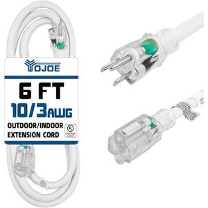 YOJOE Indoor Outdoor Extension Cord with Lighted End, 3 Prong 15A Weatherproof Power Cord, 10 Gauge Heavy Duty 6 ft White Extension Cord for Garage, Garden and Home, 10/3 SJTW UL Listed (6 Foot)
