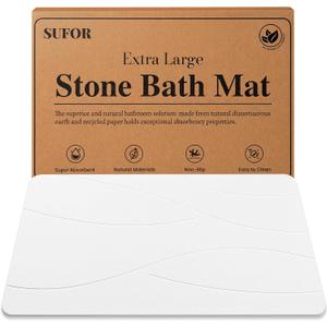 32"x20" Stone Bath Mat, Diatomaceous Earth Shower Mat, Non-Slip Super Absorbent Quick Drying Bathroom Floor Mat, Natural, Easy to Clean (Milky White)