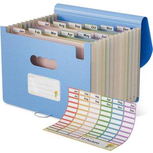EcoStash Accordion File Organizer, 12-Pocket Wheat Straw Expanding File Folder, Portable Monthly Bill & Tax Receipt Organizer, Letter/A4 Size Document Holder with Colorful Tabs-UN Blue