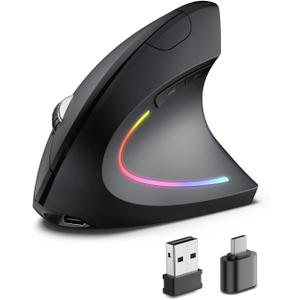 POJTK Ergonomic Wireless Rechargeable Mouse, Bluetooth+USB A+Type C(3 in 1) Connection, 5 Levels Up to 4800 DPI, 6 Silent Buttons, 2.4GHz Carpal Tunnel Vertical Mice, for Laptop, Desktop,MacBook-black