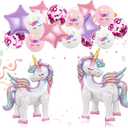 16 Pcs Unicorn Balloons Kit for Birthday Party Decorations - 2 Self Standing 3D Foil Unicorns, 4 Stars & 10 Printed Latex with Tying Tool (No Helium Needed) (White, Pink, Purple)