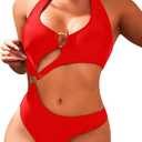 Women One Piece Swimsuit Slimming Cutout Fashoin Swimwear Metal Ring Bathing Suit Female Beachwear (X-Large, Red)