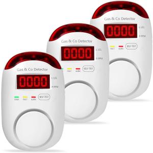 3 Packs Combination Gas & Carbon Monoxide Detectors, Plug-in Natural Gas Detector & Carbon Monoxide Alarm, CO Detector Alarm & Propane, Methane, Explosive Gas Detector for Home, RV, Easy to Install