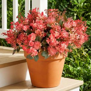 RM ROOMERS Artificial Flowers Plants for Outdoors, Fake Rose Flowers Pink Chrysanthemum Faux Flower for Garden Porch Windowbox Front Door Yard Wedding Home Decor Indoor Vase (4 Bundles)